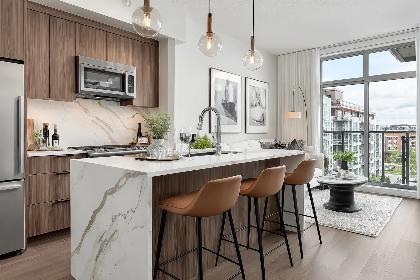 Contemporary kitchen remodel Surrey BC | Kitchen renovation specialists British Columbia | Modern kitchen design Surrey — high-quality renovation project with under-cabinet lighting, quartz surfaces, and custom backsplash. Kitchen remodeling contractors in Surrey execute detailed finishing and design planning. Ideal for modern homes across Metro Vancouver.