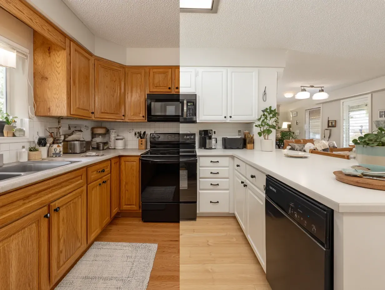Kitchen before and after remodel: Old oak cabinets vs. new white cabinets, black appliances, and light wood floors.
