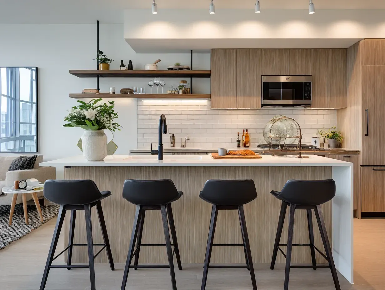Modern kitchen with island seating. Light wood cabinets, black stools, and white countertops.