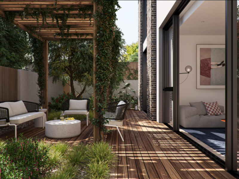 An artist 's impression of a patio with a pergola and sliding glass doors