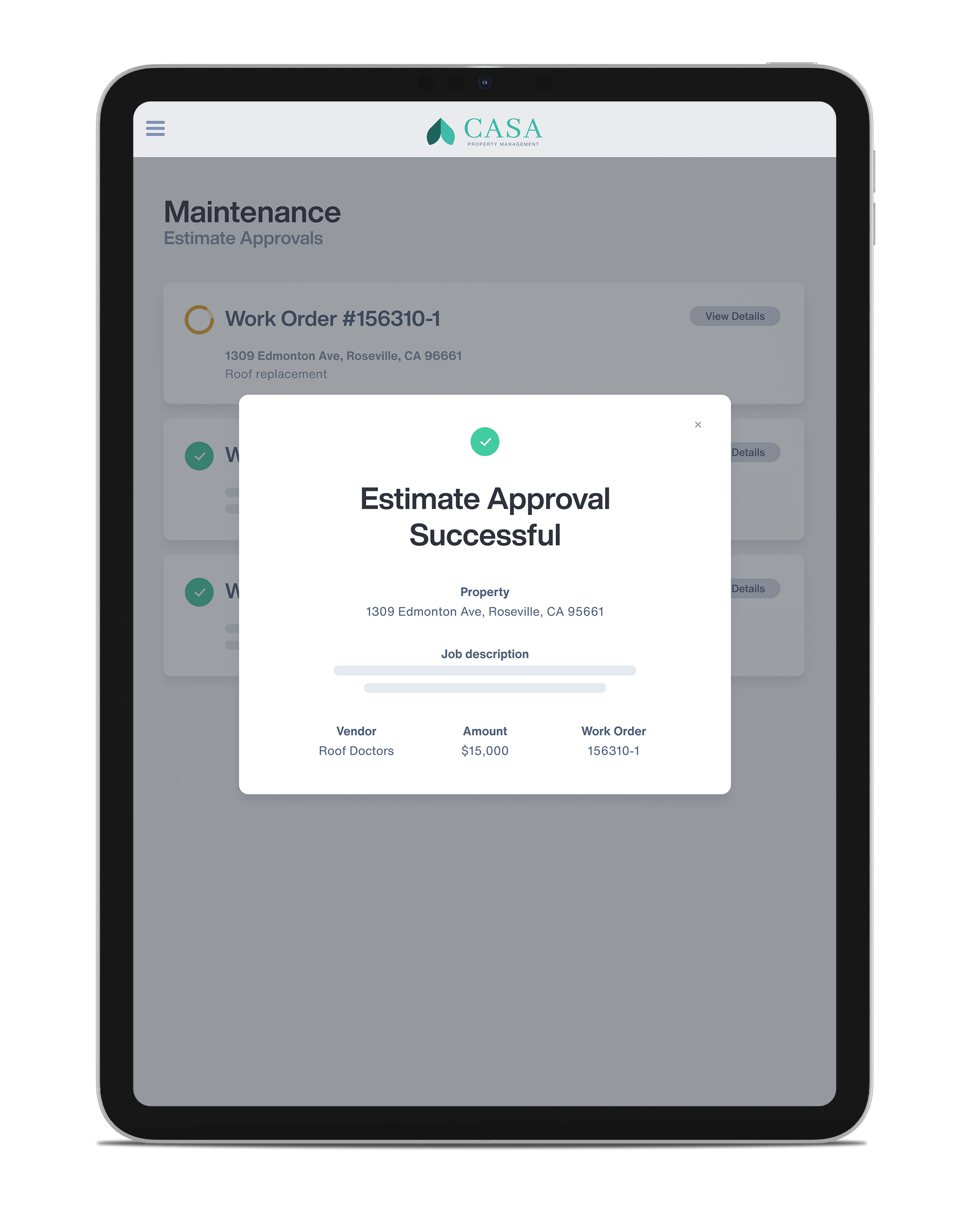 Tablet screen showing a maintenance app with a centered “Estimate Approval Successful” pop-up.