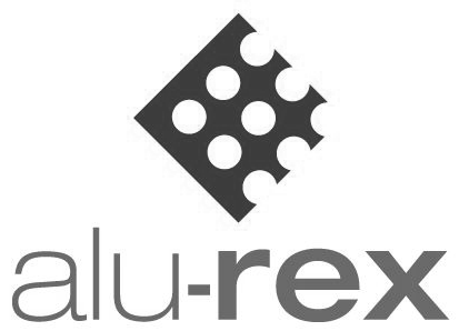 A black and white logo for a company called alu-rex.