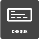 A cheque icon on a gray background with the word cheque below it.