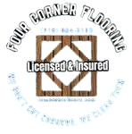 A logo for four corner flooring with words 