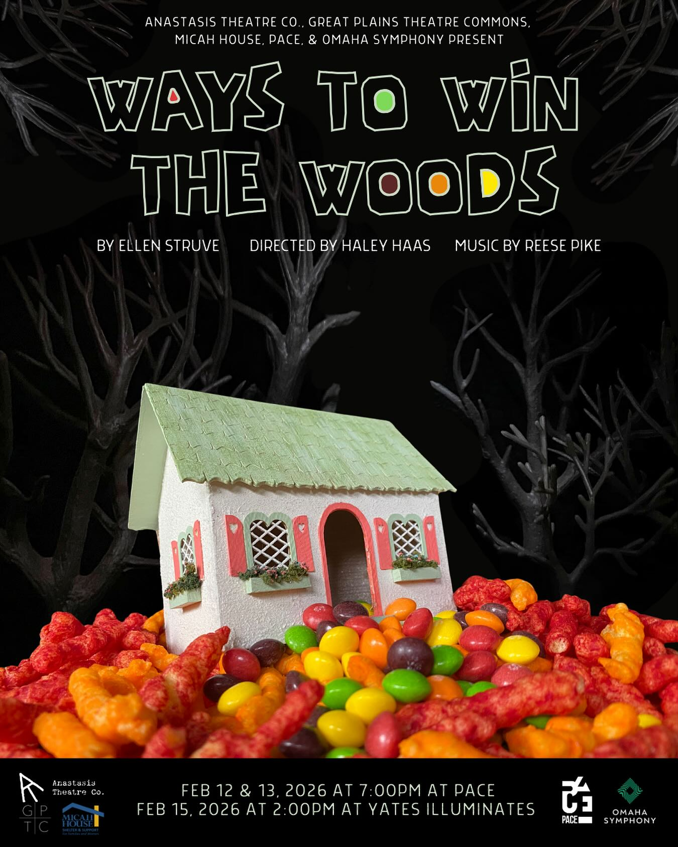 Poster for “Ways to Win the Woods” with a colorful candy house amid orange flowers and dark trees