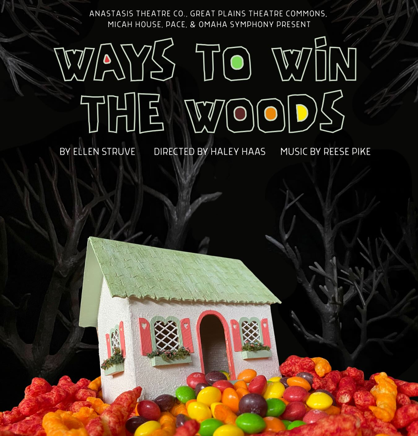 Poster for “Ways to Win the Woods” with a small white house and colorful candy-like pile on a dark forest background.