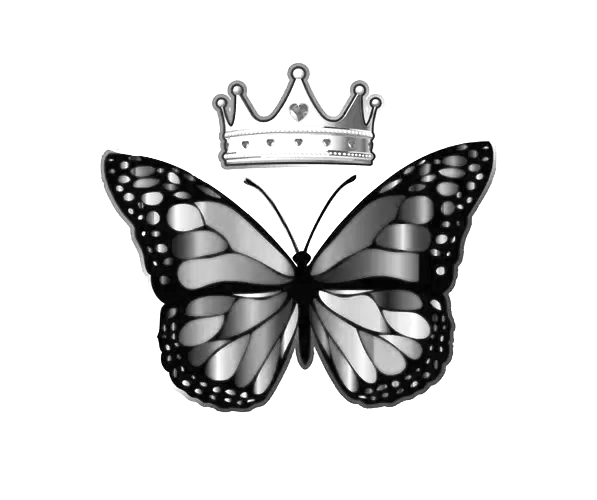 Black and white butterfly with a small crown above it