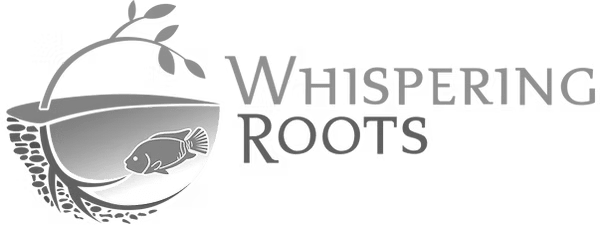 Whispering Roots logo with a steaming cup and floral branch in gray tones