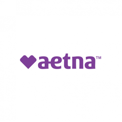 The aetna logo is purple and has a heart in the middle.