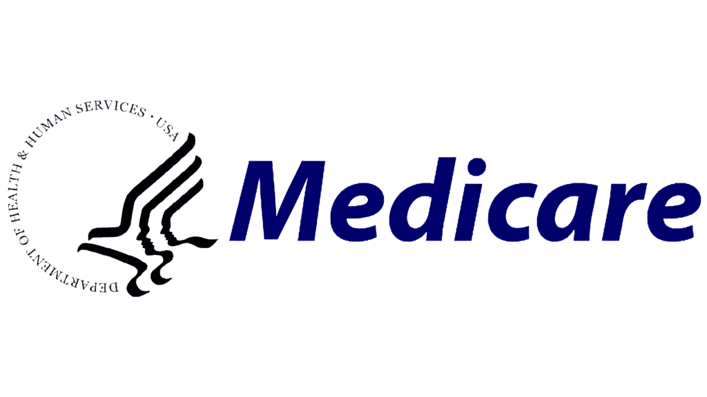 A blue and white logo for medicare on a white background.