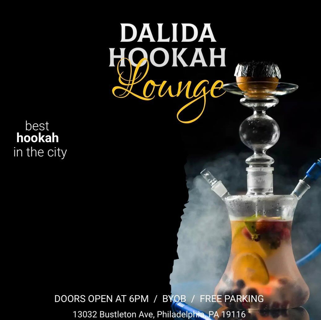 Advertisement for Dalida Hookah Lounge. A hookah with fruit-infused water is shown on a black background.
