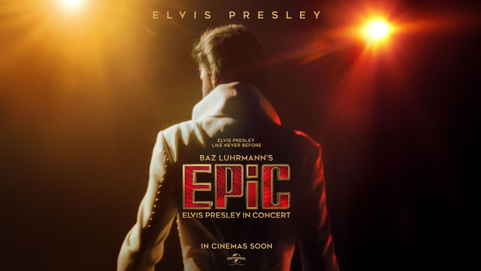Elvis Presley auf der Bühne, mit dem Rücken zur Kamera, im goldenen Scheinwerferlicht; „Epic“ in roter Schrift.