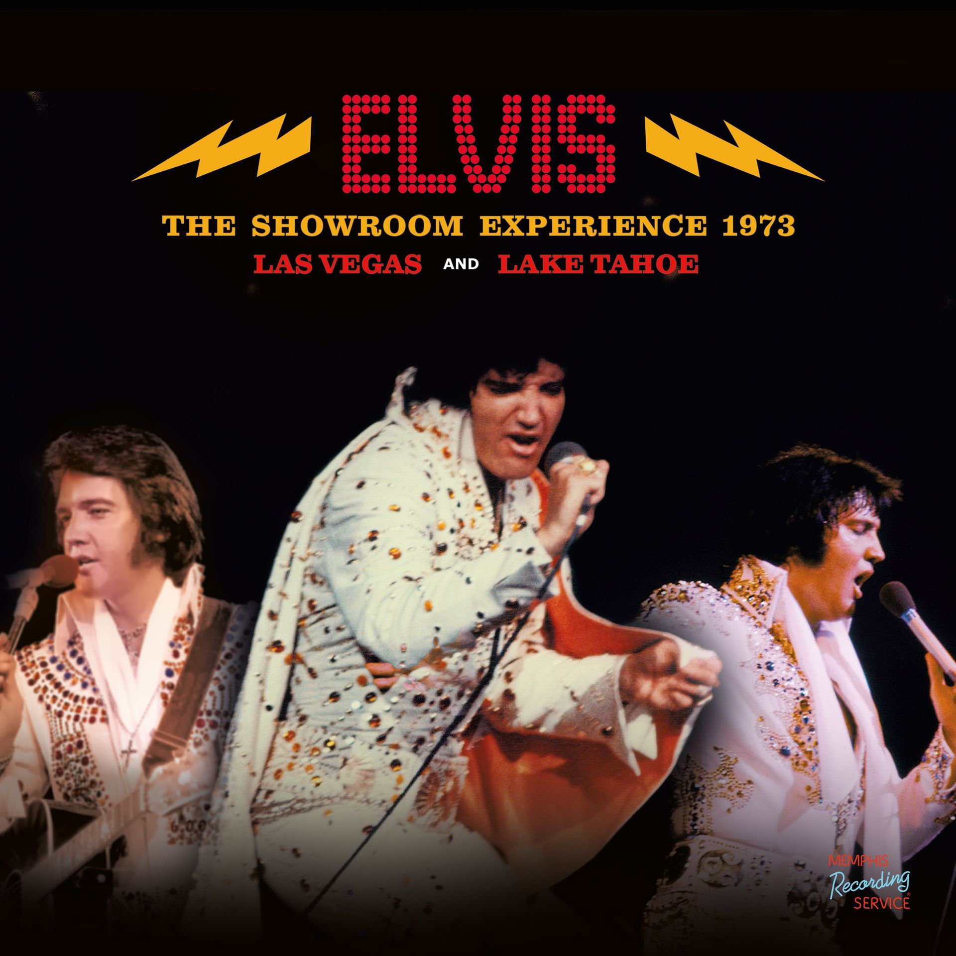 Elvis-Konzertplakat mit drei Auftrittsfotos und dem Text: „The Showroom Experience 1973 Las Vegas und Lake Tahoe“