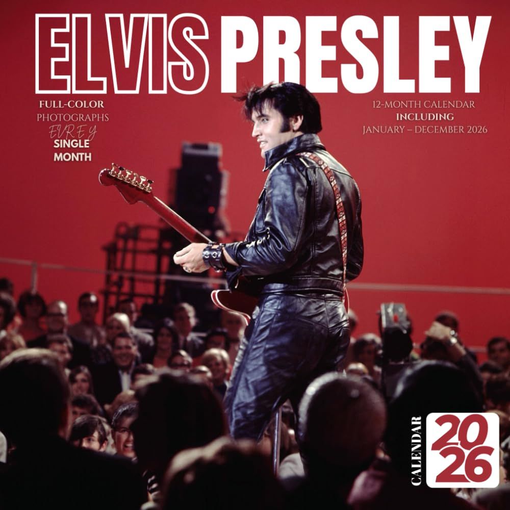 Elvis Presley calendar cover featuring Elvis in a black jumpsuit holding a guitar, on stage in front of a crowd.