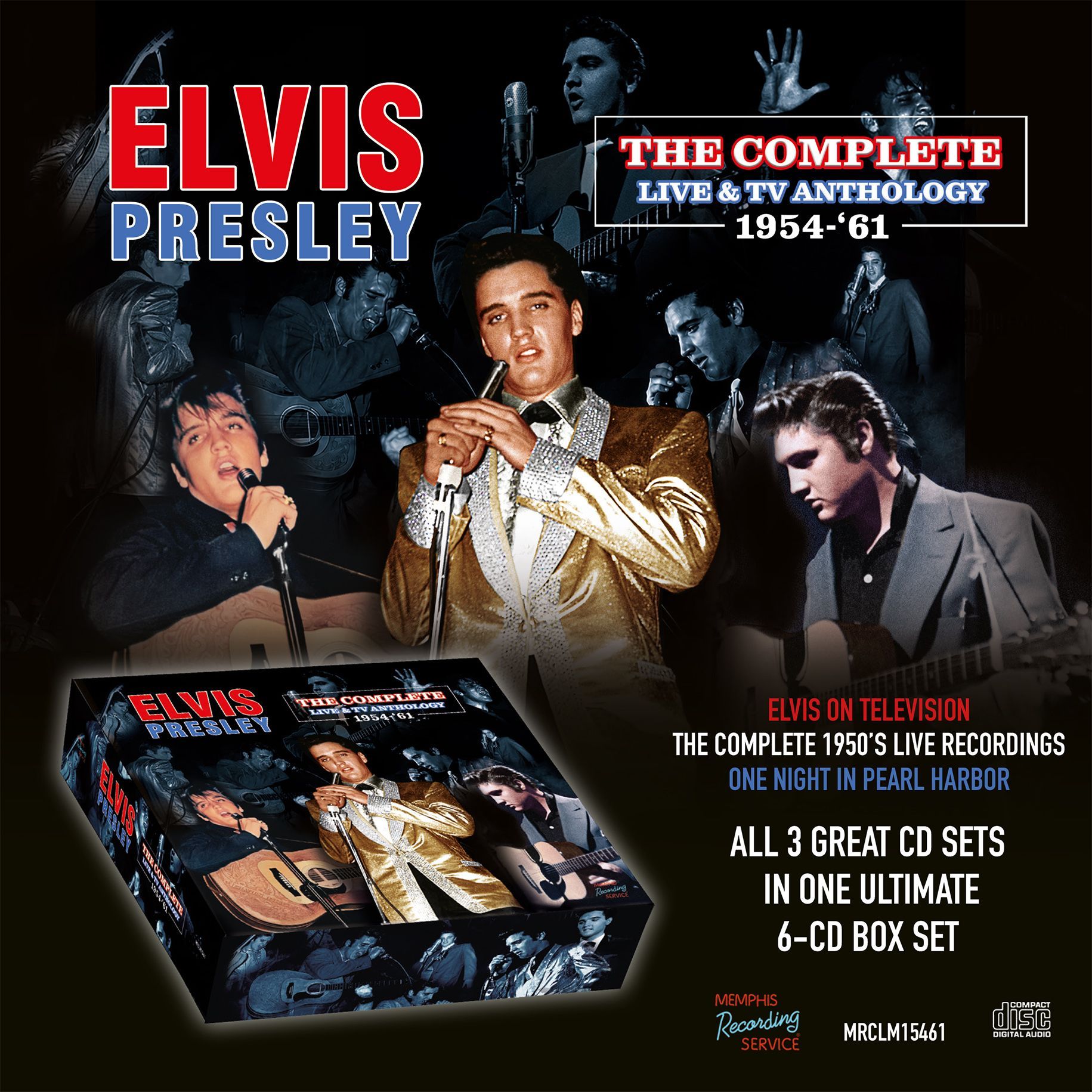 Elvis Presley Albumcover-Collage mit goldenem Outfit und dem Text „The Complete TV and Movie Anthology 1954–61“