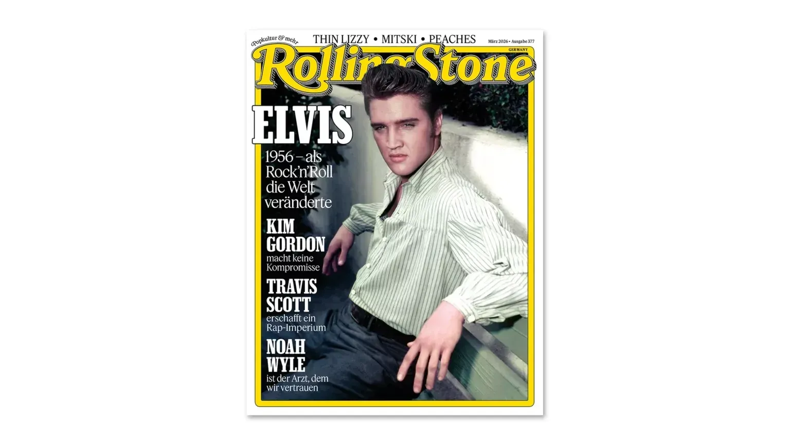 Titelbild des Rolling Stone Magazins: Elvis Presley im gestreiften Hemd.