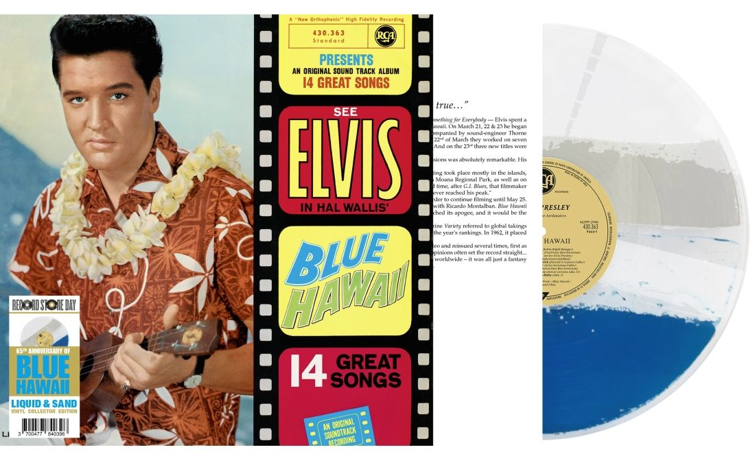 Das Elvis Presley-Albumcover für „Blue Hawaii“ mit passender blau-weiß marmorierter Vinyl-Schallplatte.