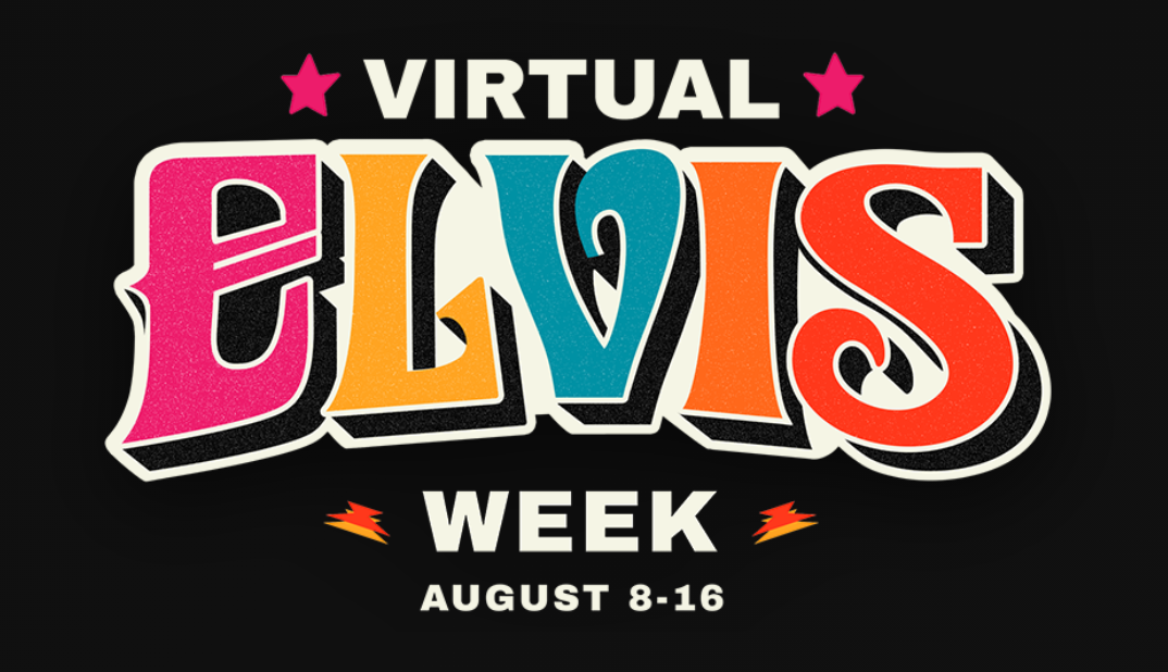 Poster zur virtuellen Elvis-Woche mit farbenfrohem ELVIS-Schriftzug und Datum (8.–18. August).