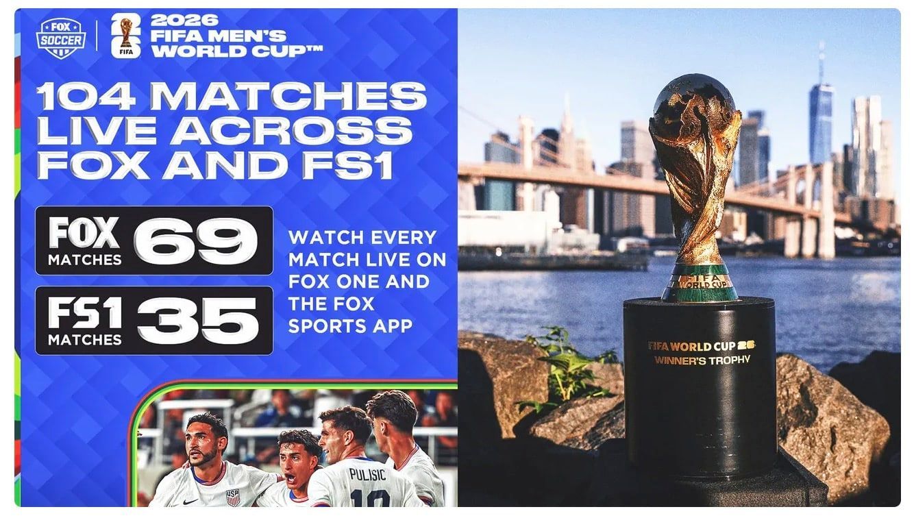 Grafik von Fox Sports: FIFA Frauen-Weltmeisterschaftstrophäe mit dem Hinweis auf „104 Spiele live auf FOX und FS1“ und dem Live-Spielplan.