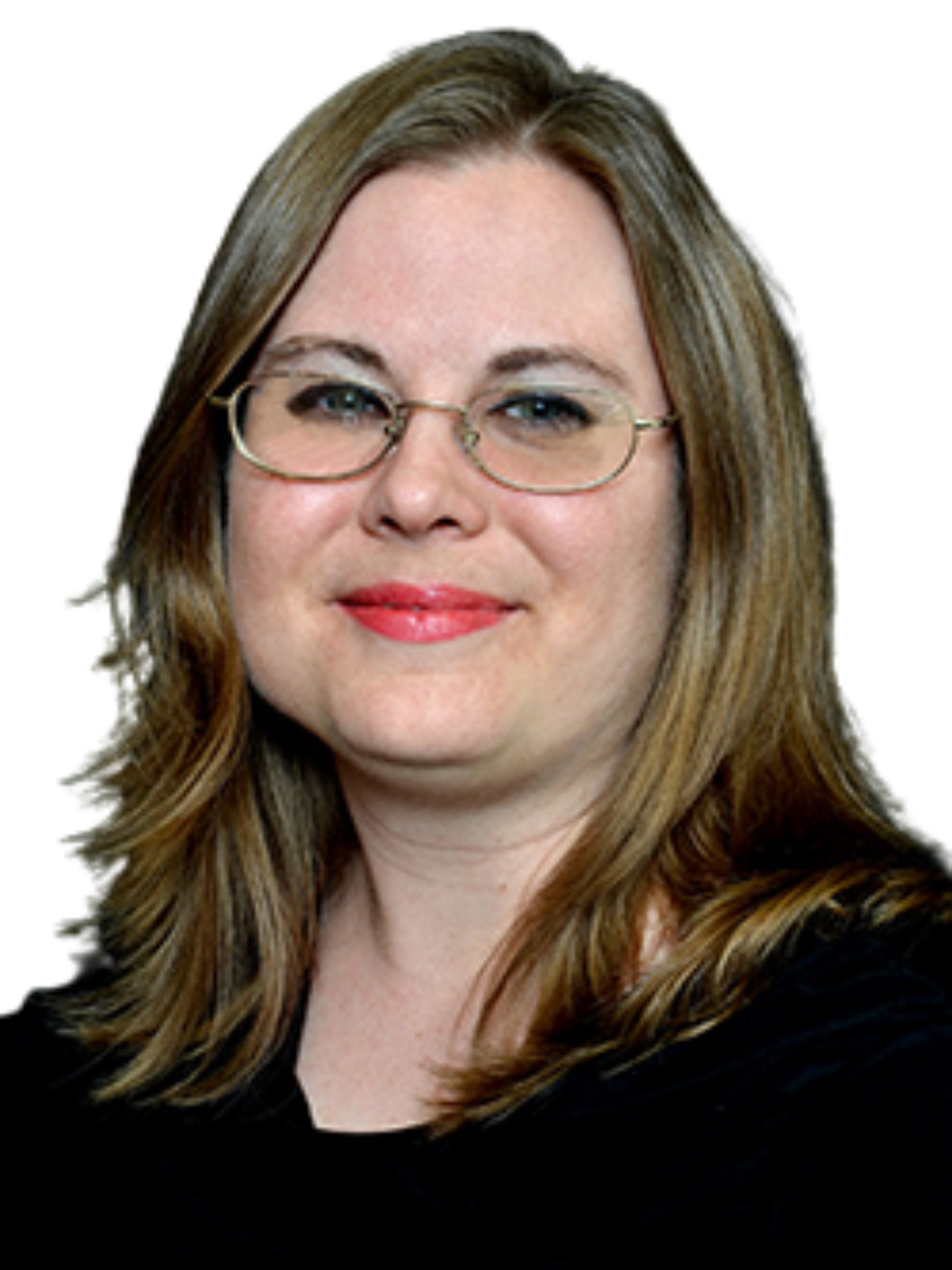 Woman with glasses and shoulder-length hair, smiling, wearing a black top.