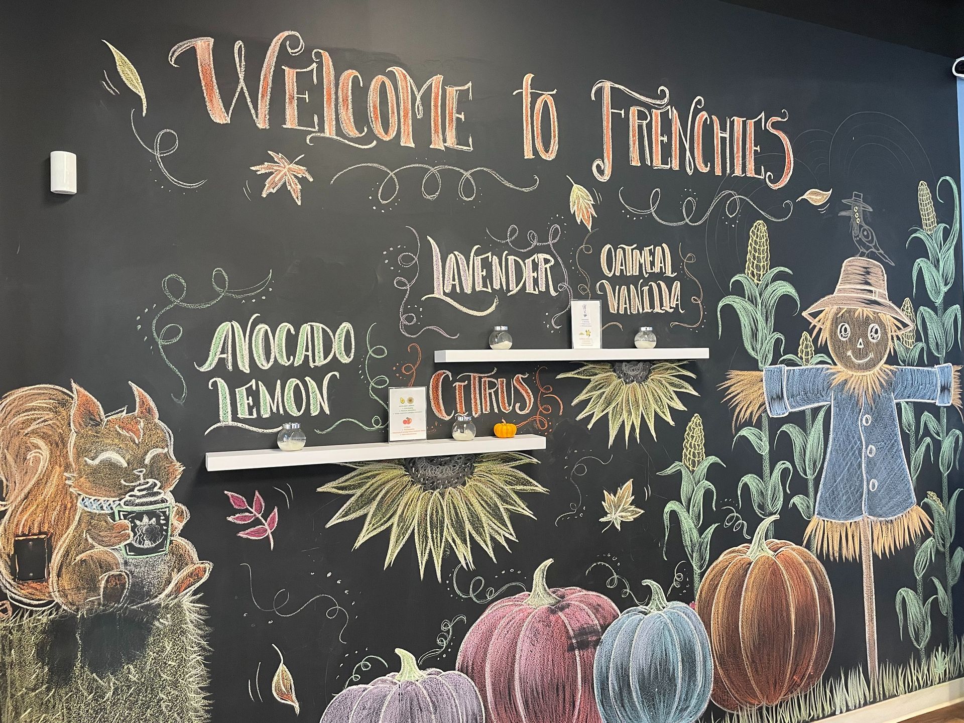 Chalkboard wall with colorful drawings.