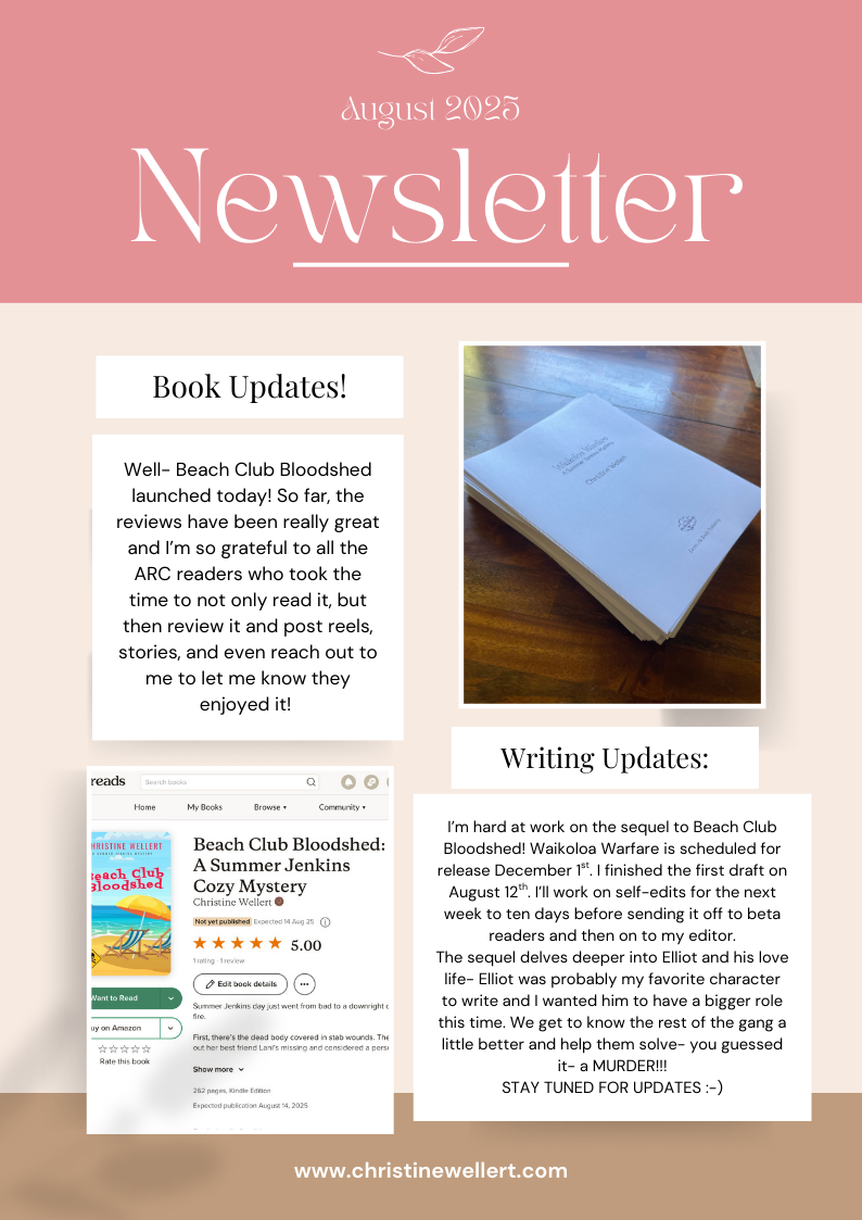 Newsletter with book updates, writing literature, and book image on a pink background.