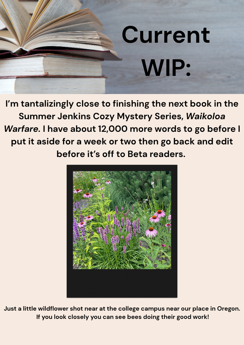 Announcement about an upcoming cozy mystery book, with a nature photo.