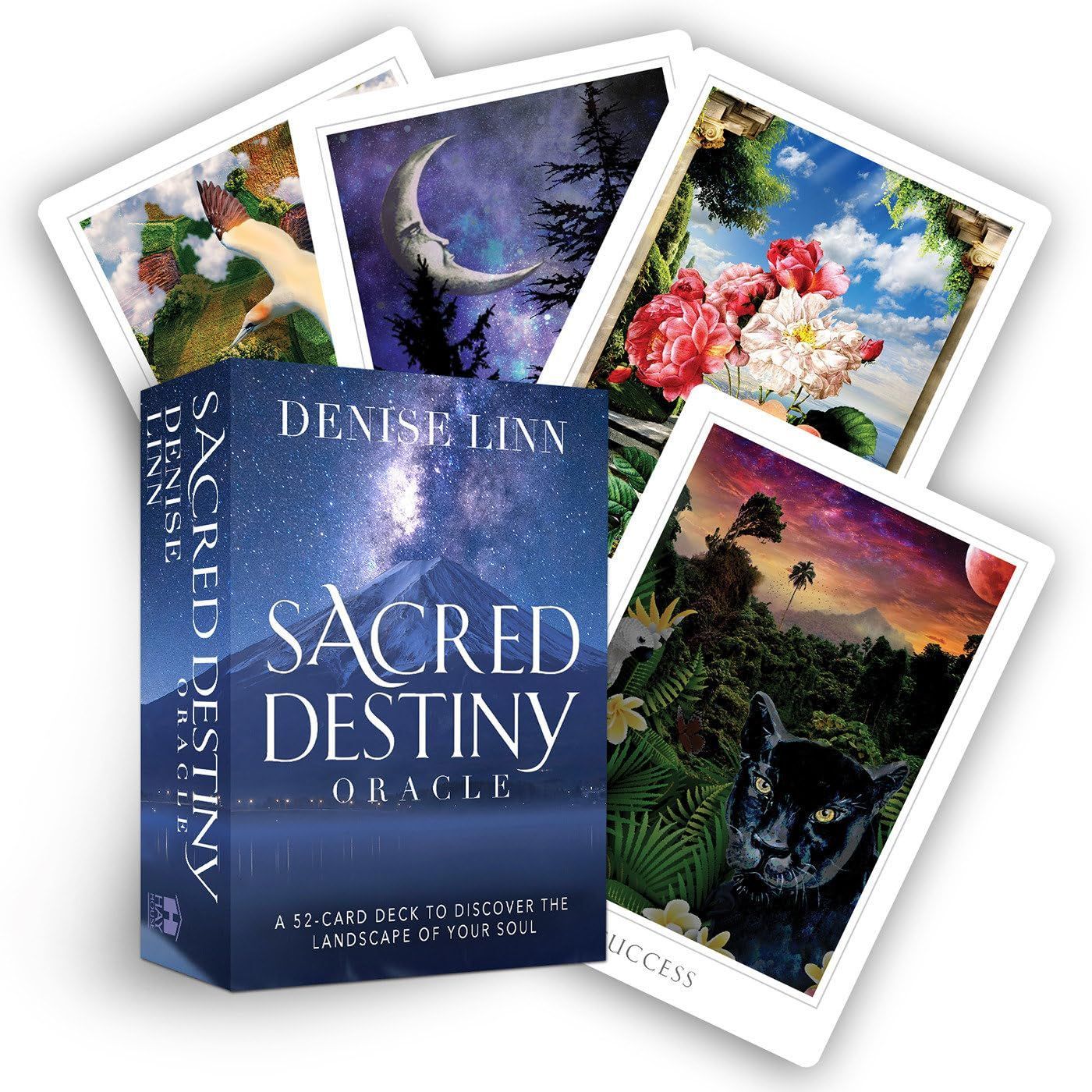 Sacred Destiny Oracle deck with cards featuring nature scenes and cosmic imagery.