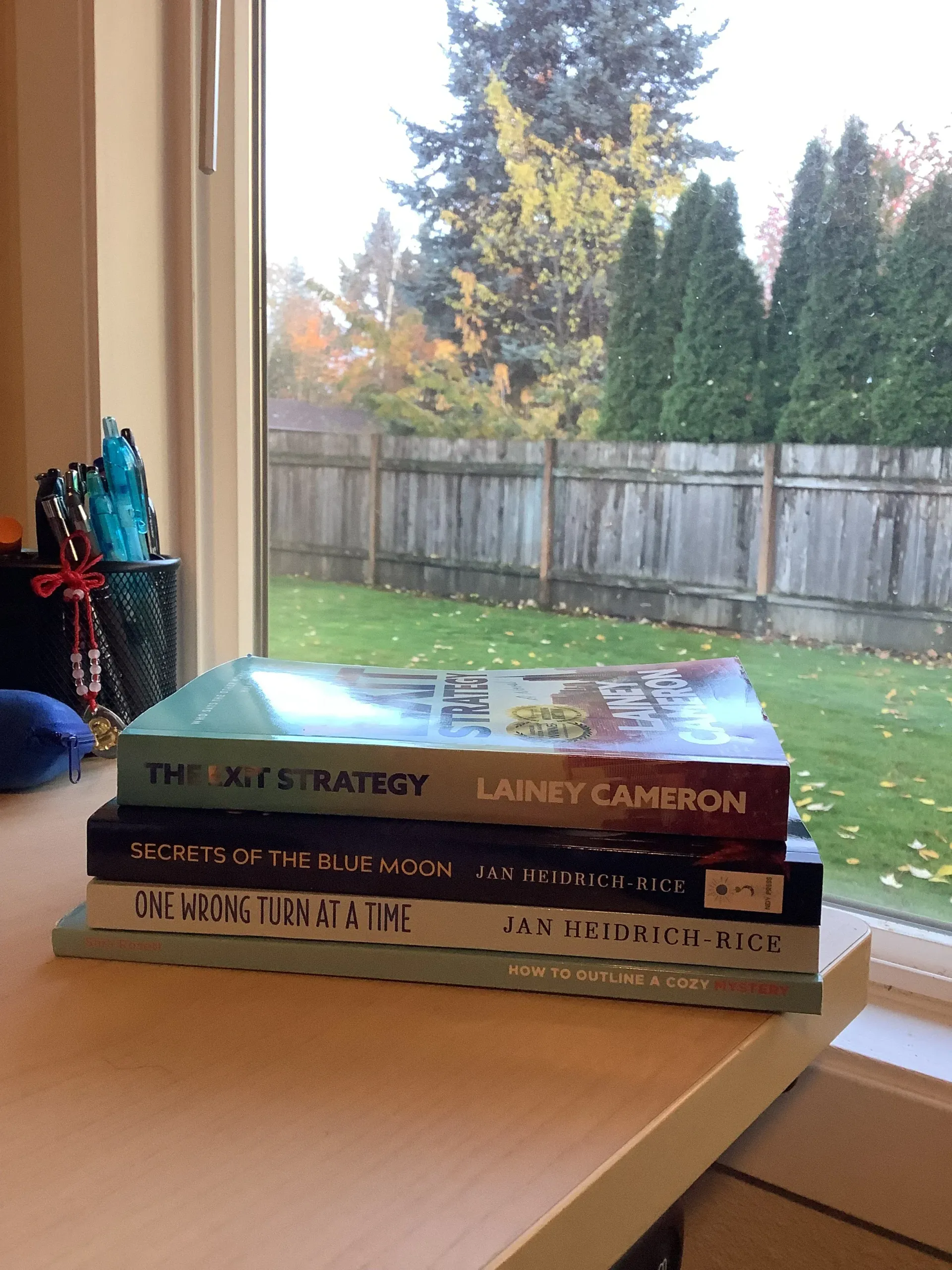 Books stacked on a windowsill overlooking a backyard with fall foliage.