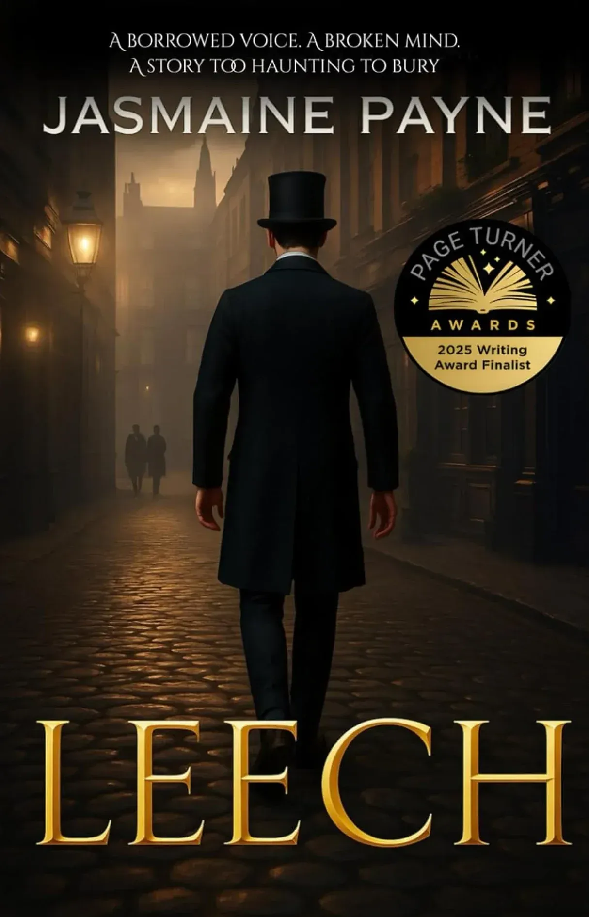 Man in black coat and top hat walks down a cobblestone street at night. Book cover: 