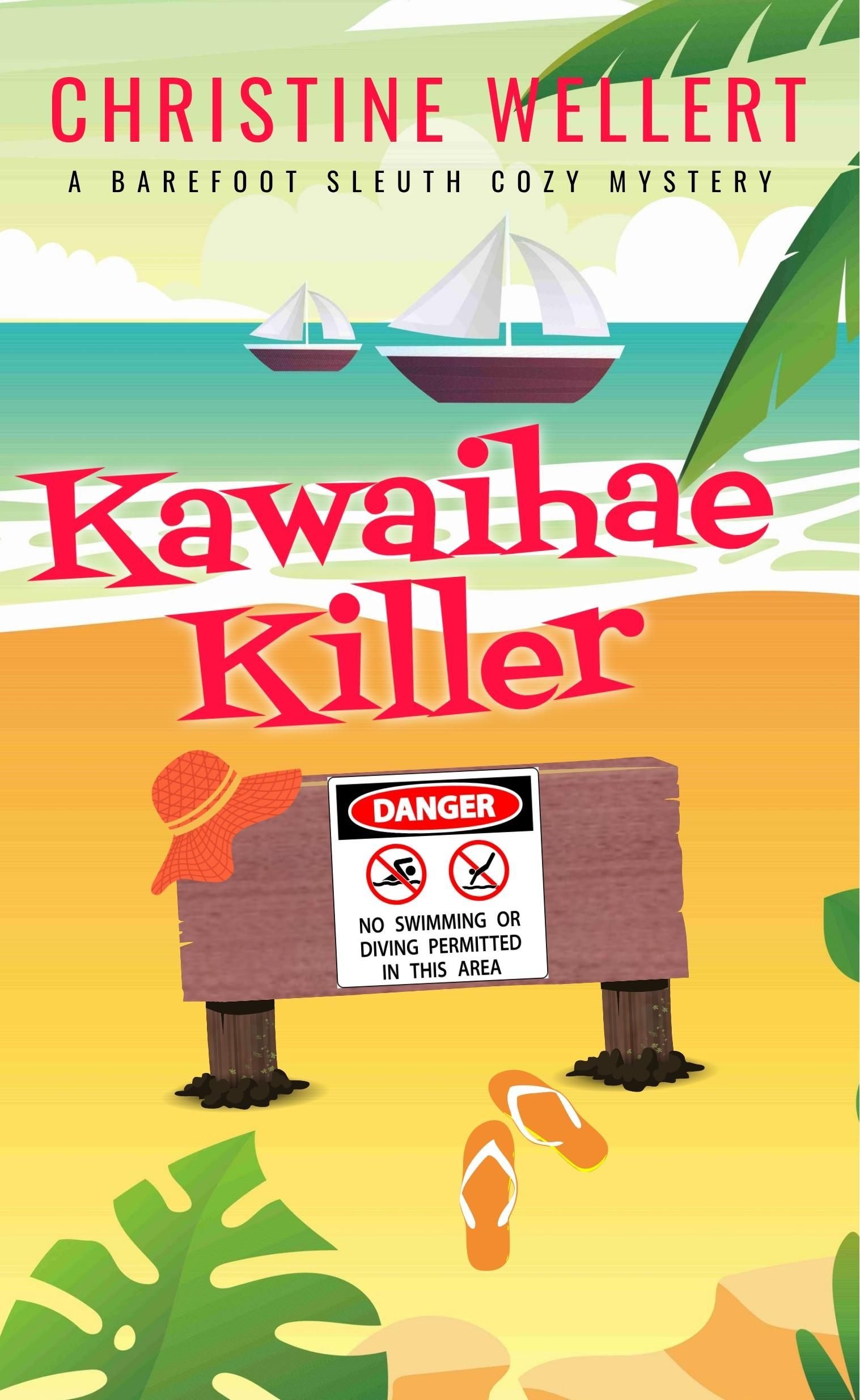 Book cover: Waikoloa Warfare, beach ball on sand, palm leaves, pink title.