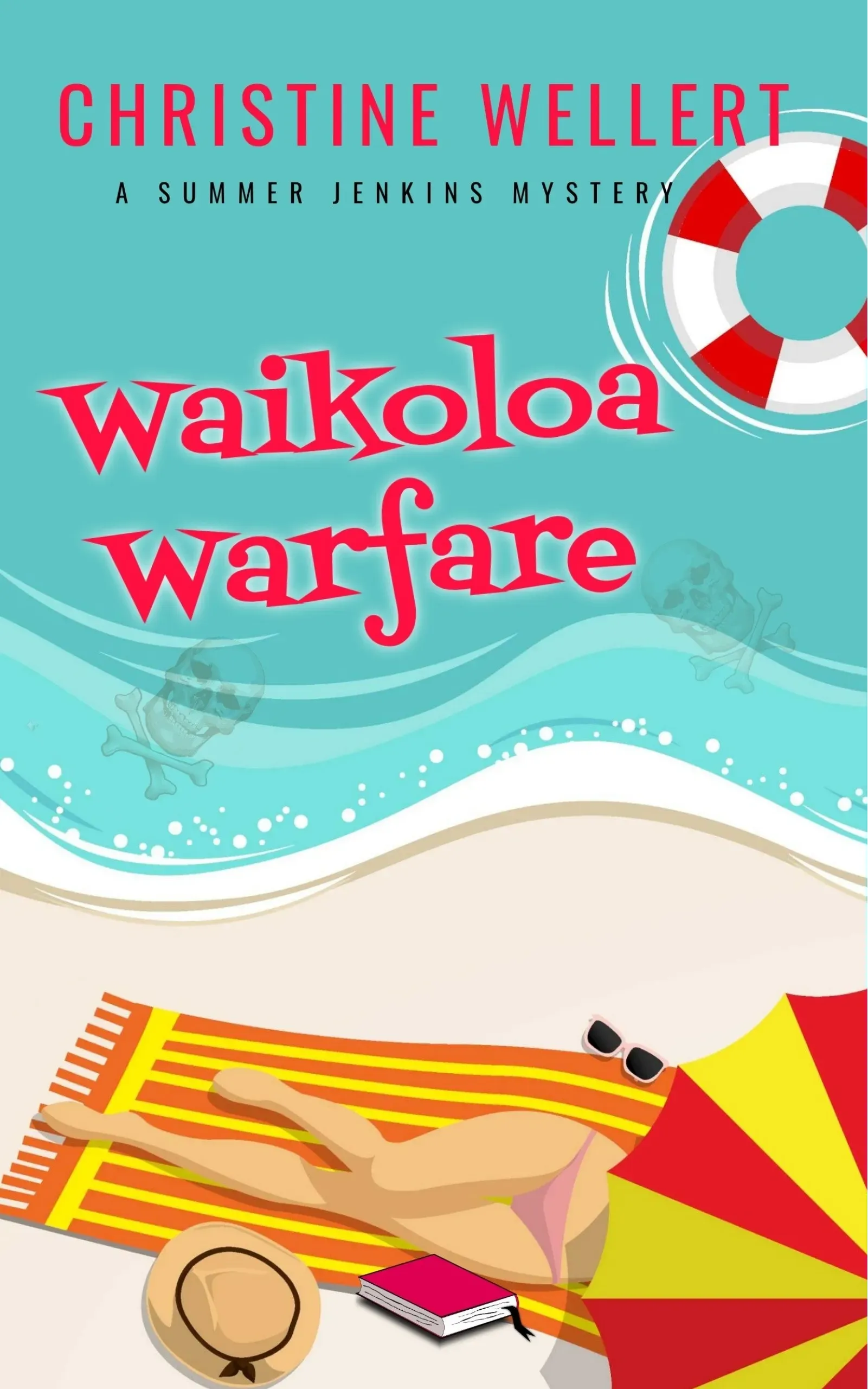 Book cover: Waikoloa Warfare. Beach scene, woman tanning, colorful umbrella and towel.