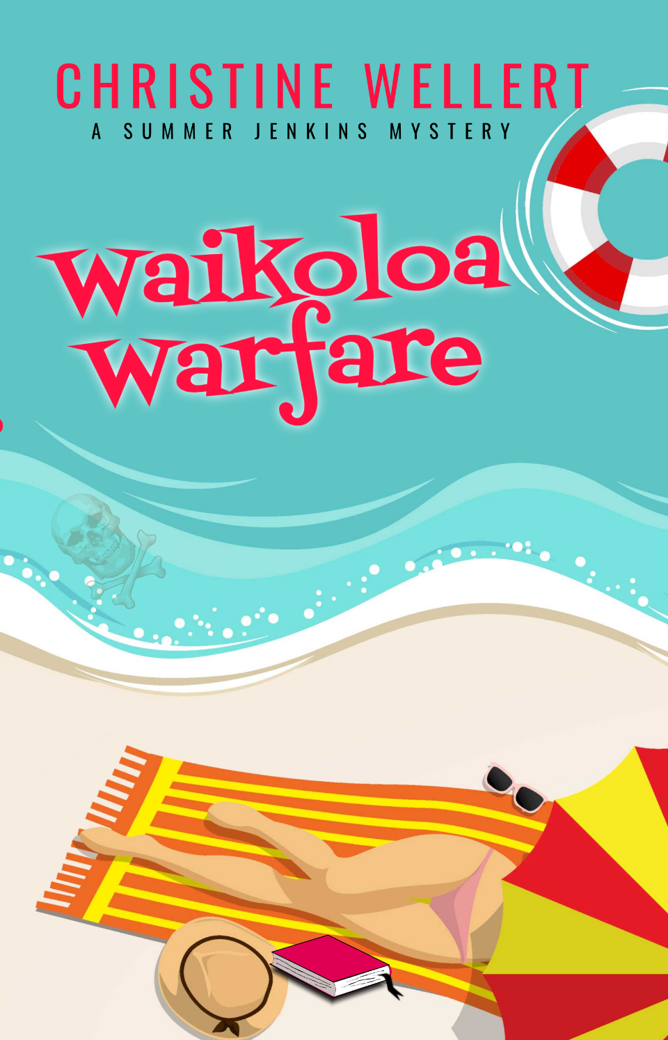 Book cover: Waikoloa Warfare, beach ball on sand, palm leaves, pink title.
