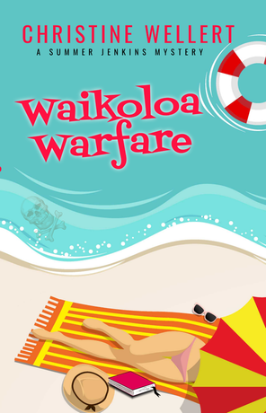 Book cover: Waikoloa Warfare, beach ball on sand, palm leaves, pink title.
