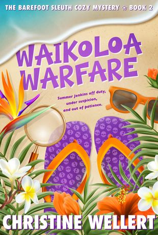 Book cover: Waikoloa Warfare, beach ball on sand, palm leaves, pink title.