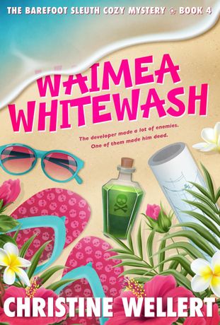 Book cover: Waikoloa Warfare, beach ball on sand, palm leaves, pink title.