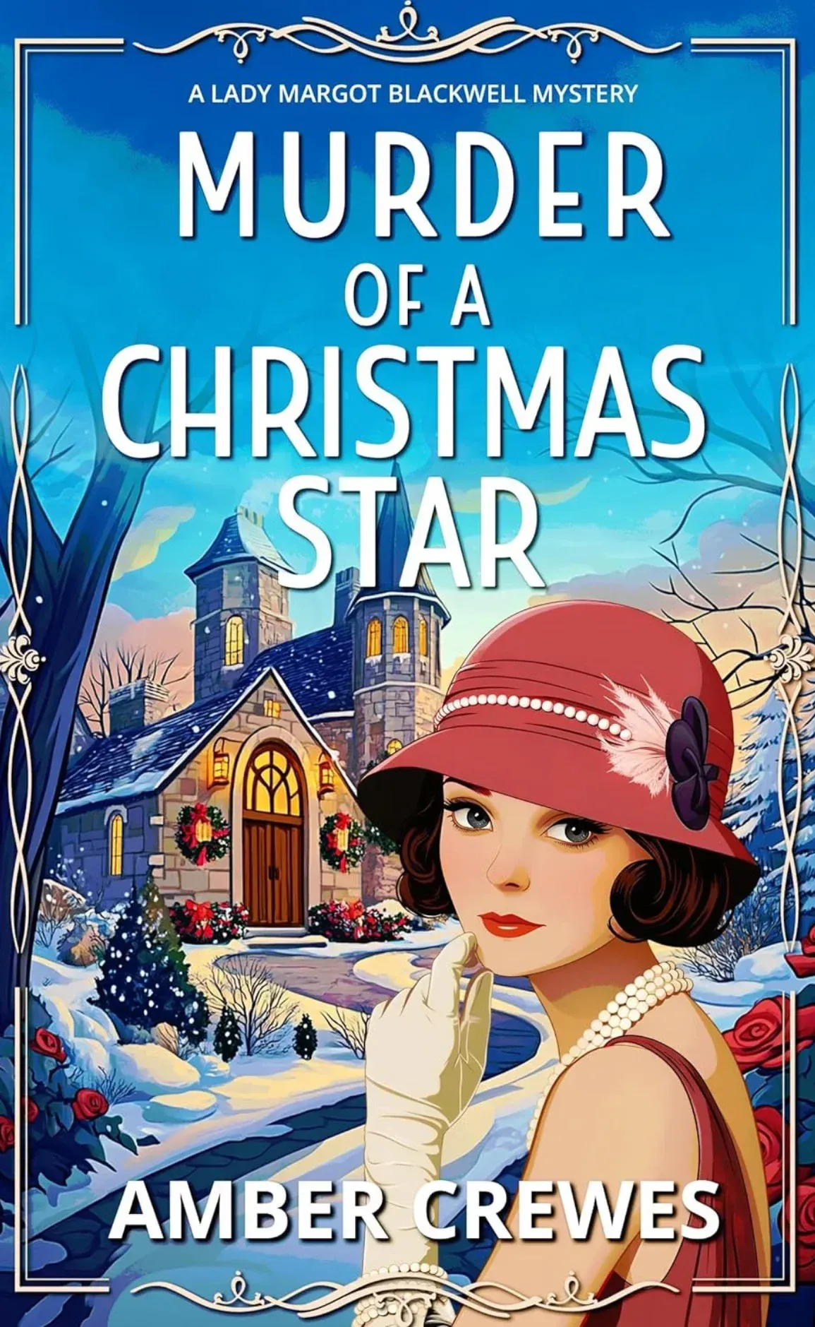 Book cover: Lady in red hat, snow-covered setting, title 