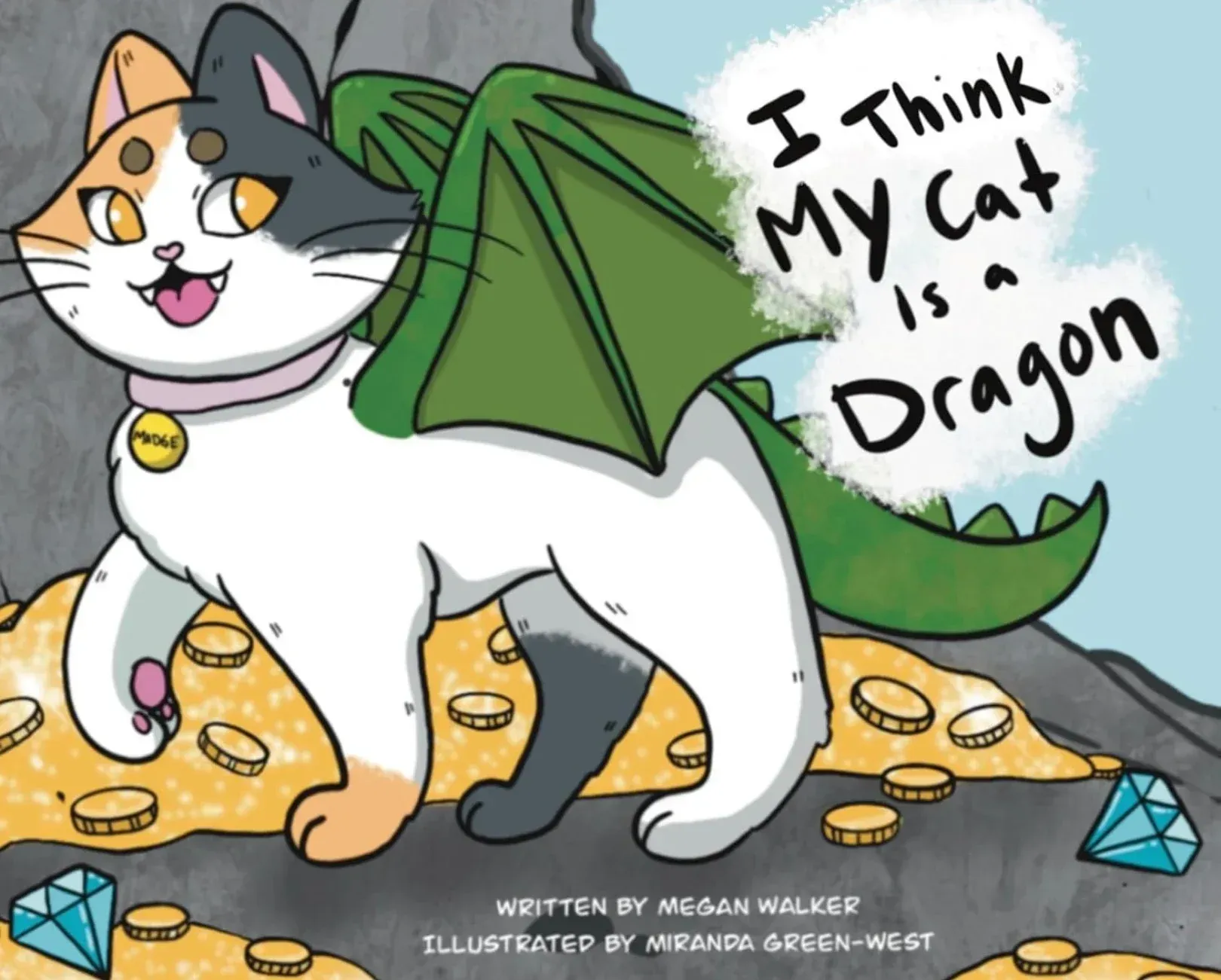 Calico cat with dragon wings sits on gold coins, the book title is 