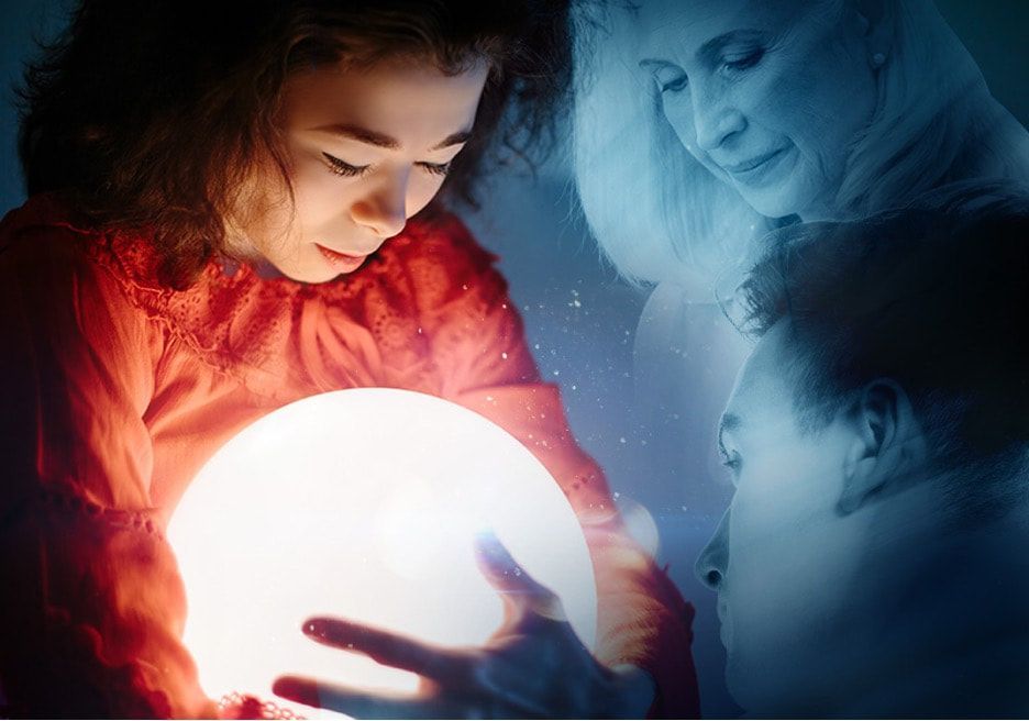 A young woman gazes into a glowing orb, with ghostly figures appearing to her.