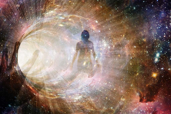 Woman suspended in a cosmic tunnel with swirling light and stars.