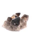 Smoky quartz crystal cluster, dark gray and translucent, on a light brown matrix.