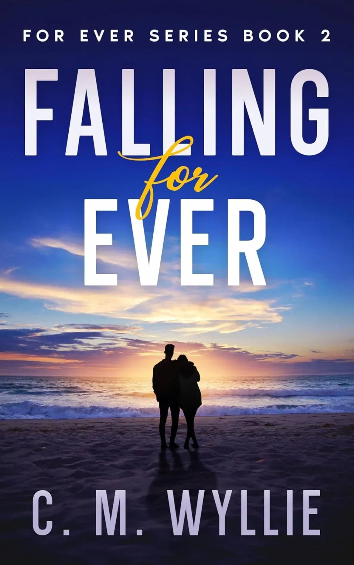 Book cover: Silhouette couple on beach at sunset, title 