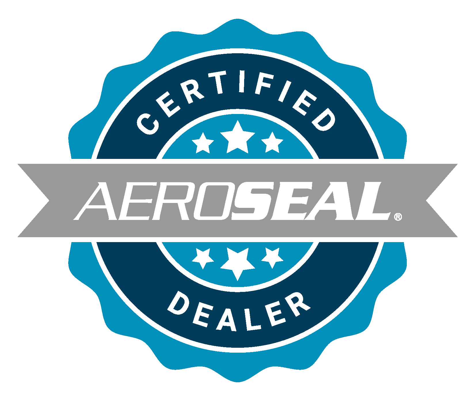 Certified AeroSeal dealer badge with blue and gray design.