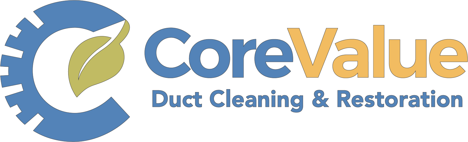 Logo for CoreValue, duct cleaning and restoration company. Blue and gold with gear and leaf.