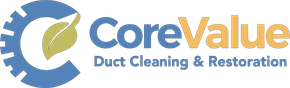 Logo for CoreValue, duct cleaning and restoration company. Blue and gold with gear and leaf.