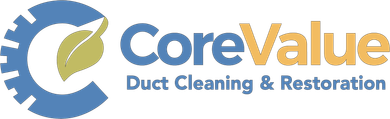 Logo for CoreValue, duct cleaning and restoration company. Blue and gold with gear and leaf.