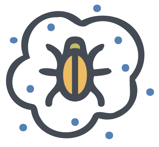 Bug icon in a cloud of particles.