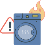 Blue dryer with flames and warning sign.