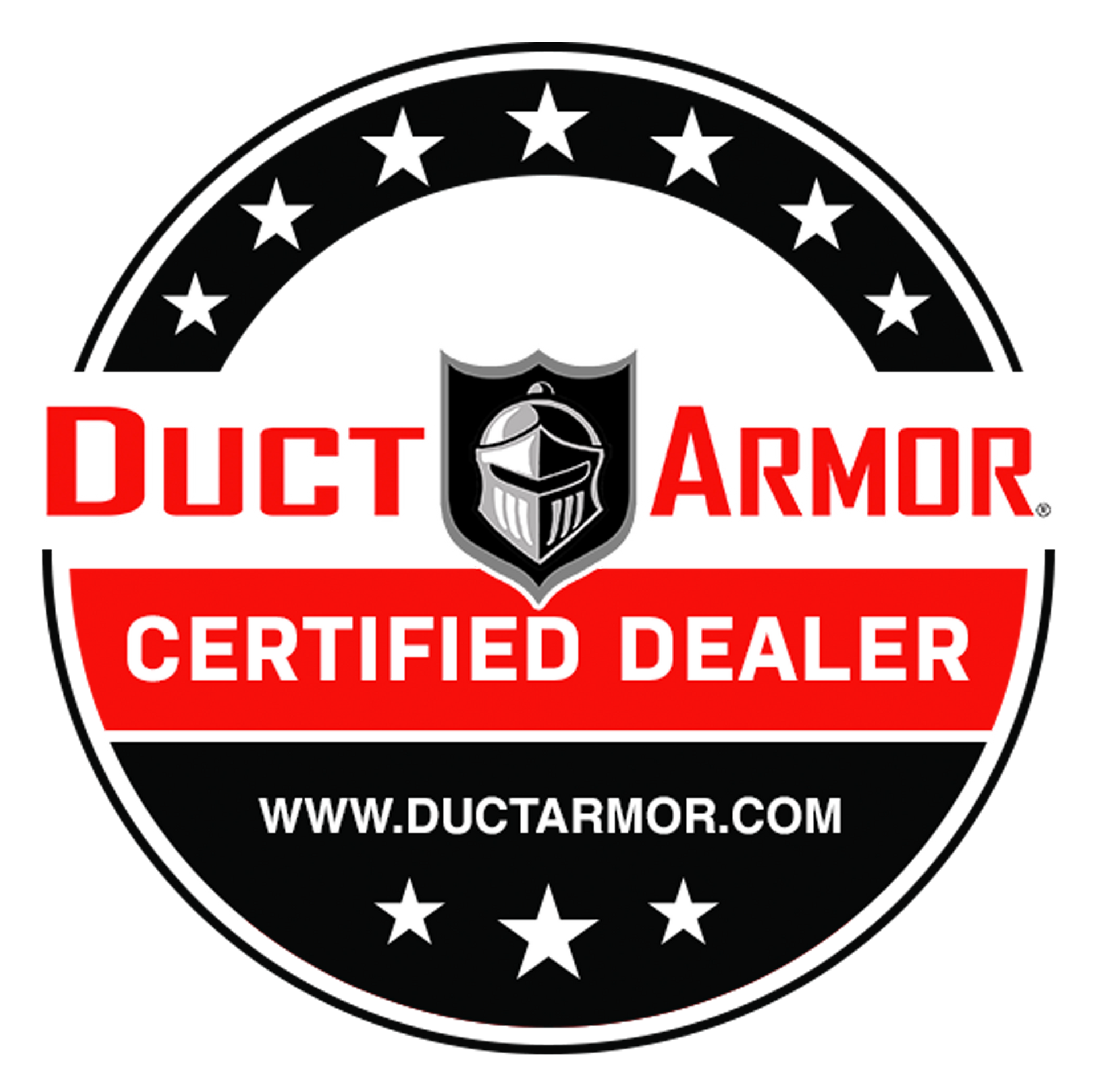 Duct Armor Certified Dealer logo: Black and red circle with text and a knight's helmet emblem.