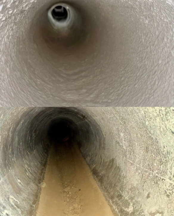 Two views down concrete tunnels, one clean, the other with a muddy floor, both with dark openings.